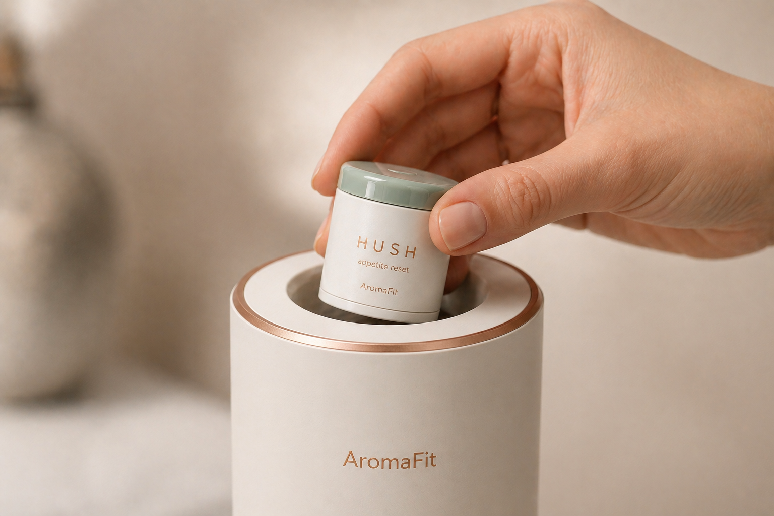 Hand inserting a HUSH capsule into the diffuser