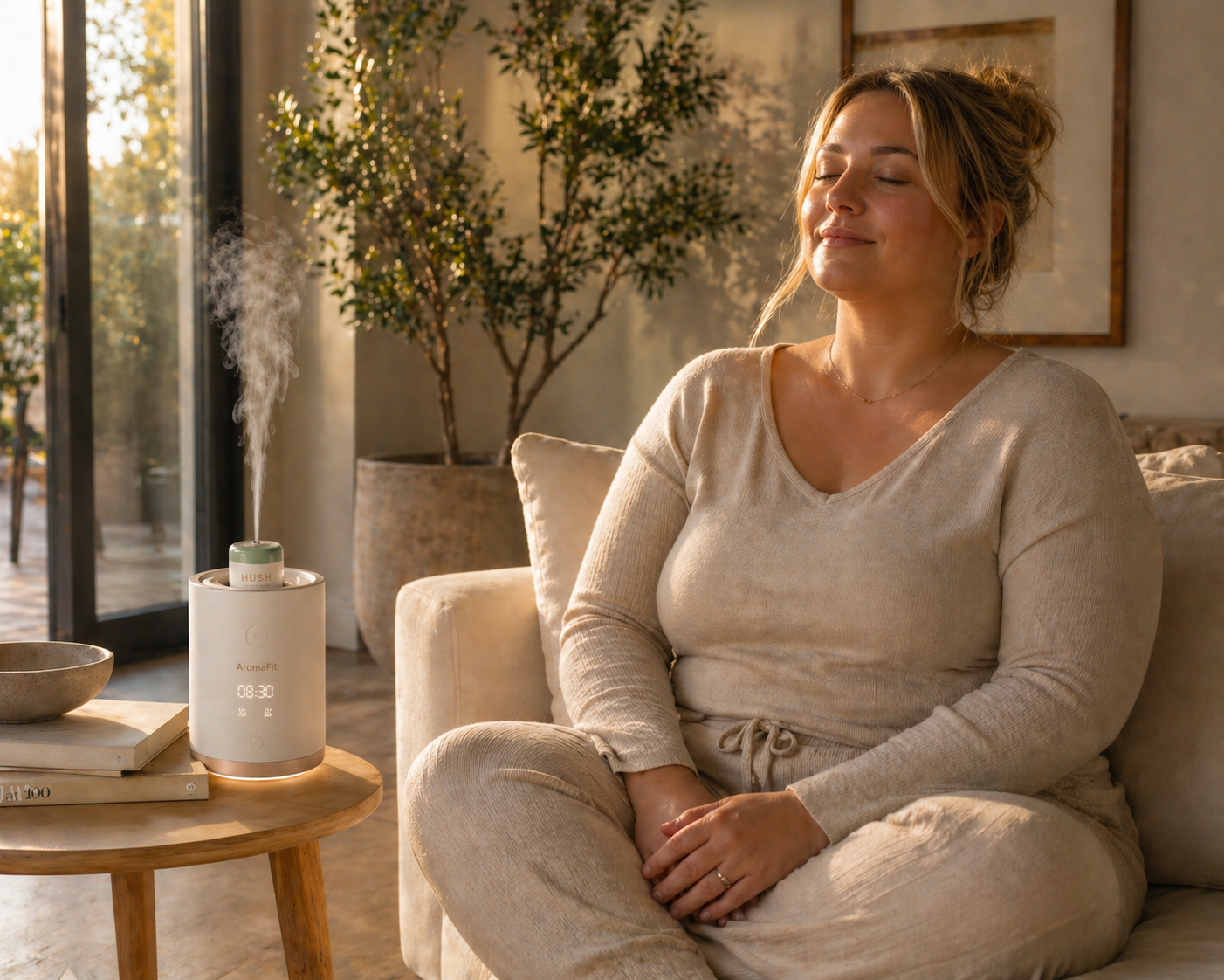 A woman relaxing on a sofa with a HUSH diffuser nearby